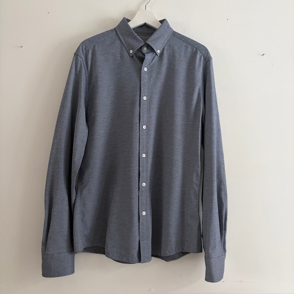 Charles Tyrwhitt Mens Medium Blue Grey Pique Cotton Blend Button Down Shirt